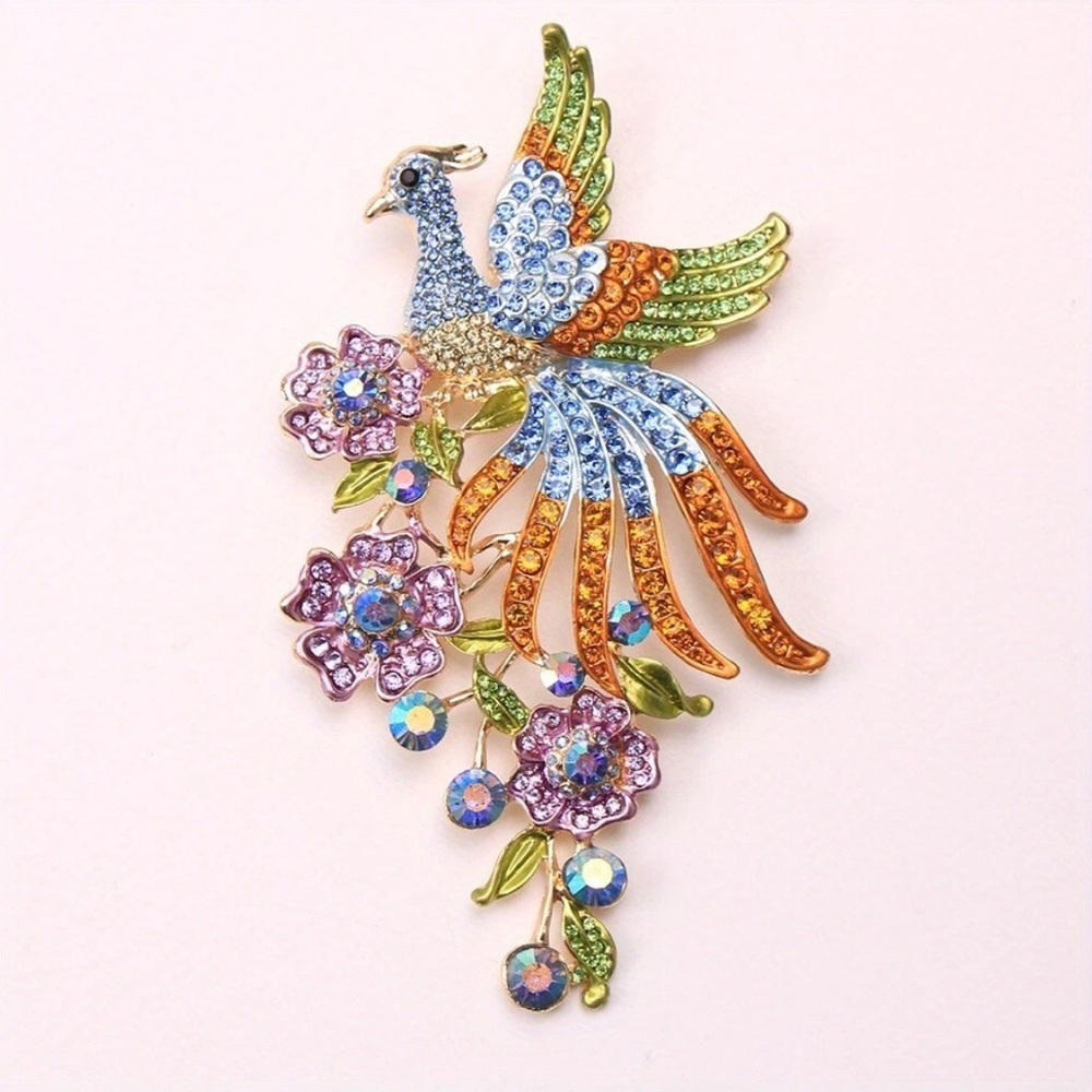 Large Vibrant Colorful Phoenix Bird and Flower Brooch Pendant Metal Bass